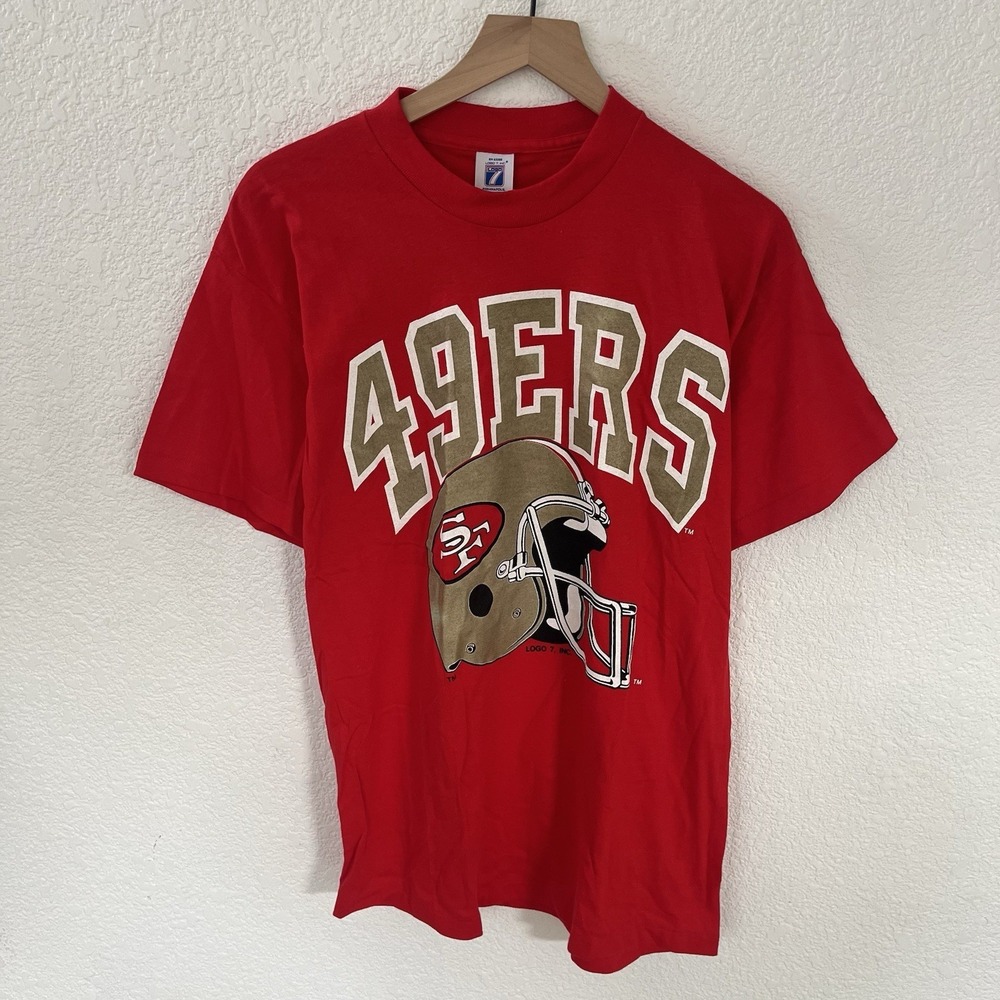 VTG SF 49ers Helmet NFL Logo 7 T-shirt Men's Size Large Red Football 90s
